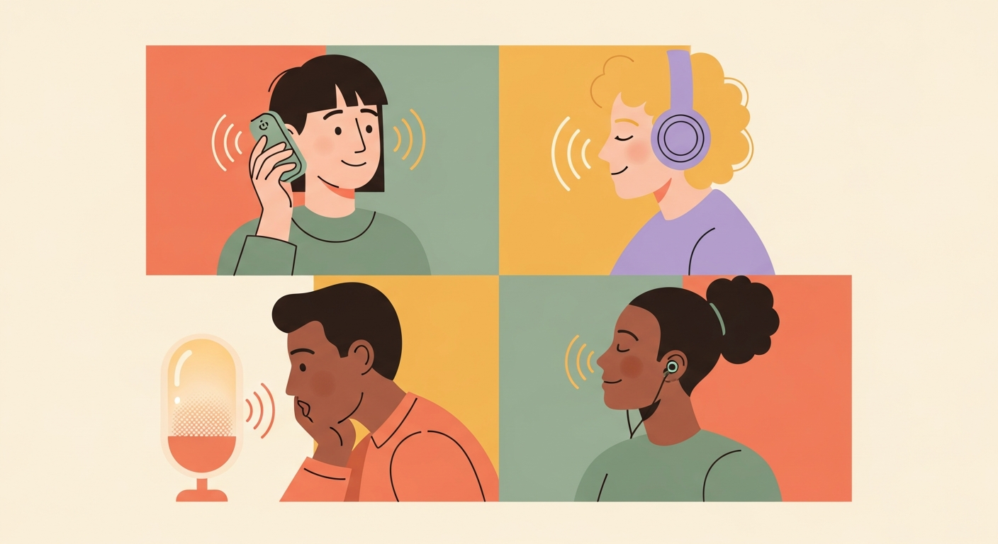 Illustration of diverse people gently using voice technology, soft sound waves in pastel tones